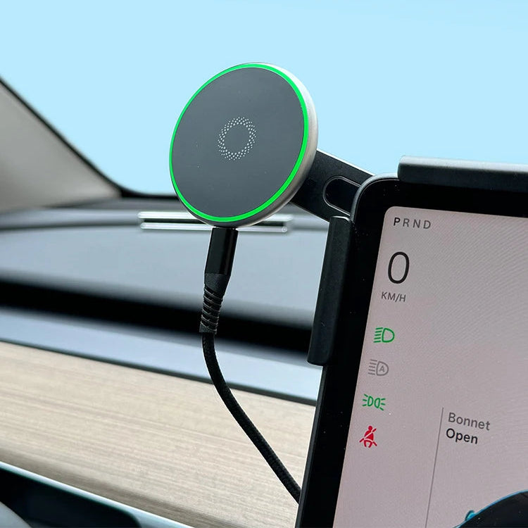 15W magnetic wireless charging device for Tesla Model 3/Y with a car dashboard in the background.