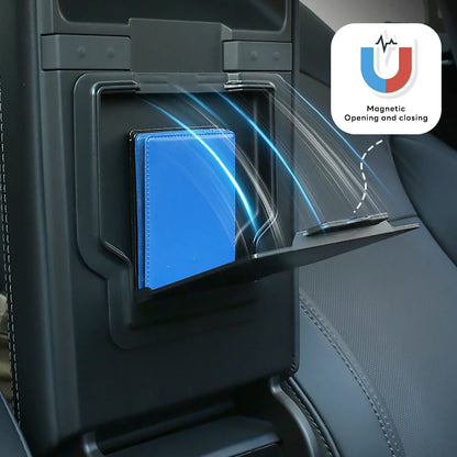 Car organizer with a blue pouch and magnetic feature icon on a car seat background